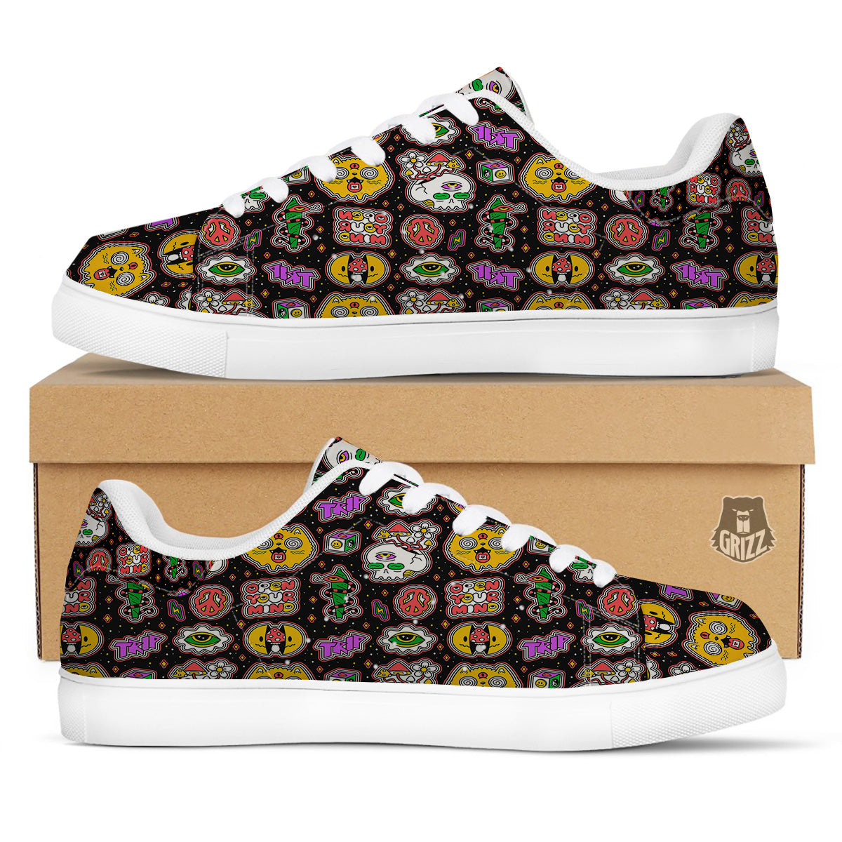 Psychedelic Funny Crazy Colorful Print Pattern White Low Top Sneakers-grizzshop