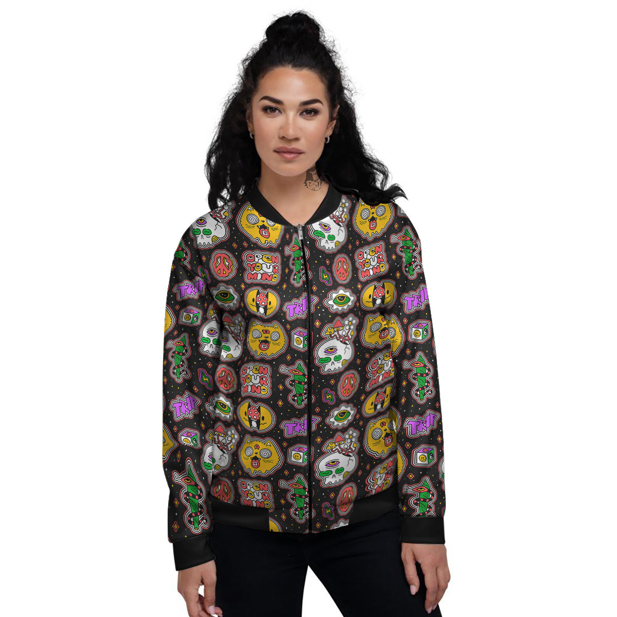 Psychedelic Funny Crazy Colorful Print Pattern Women's Bomber Jacket-grizzshop