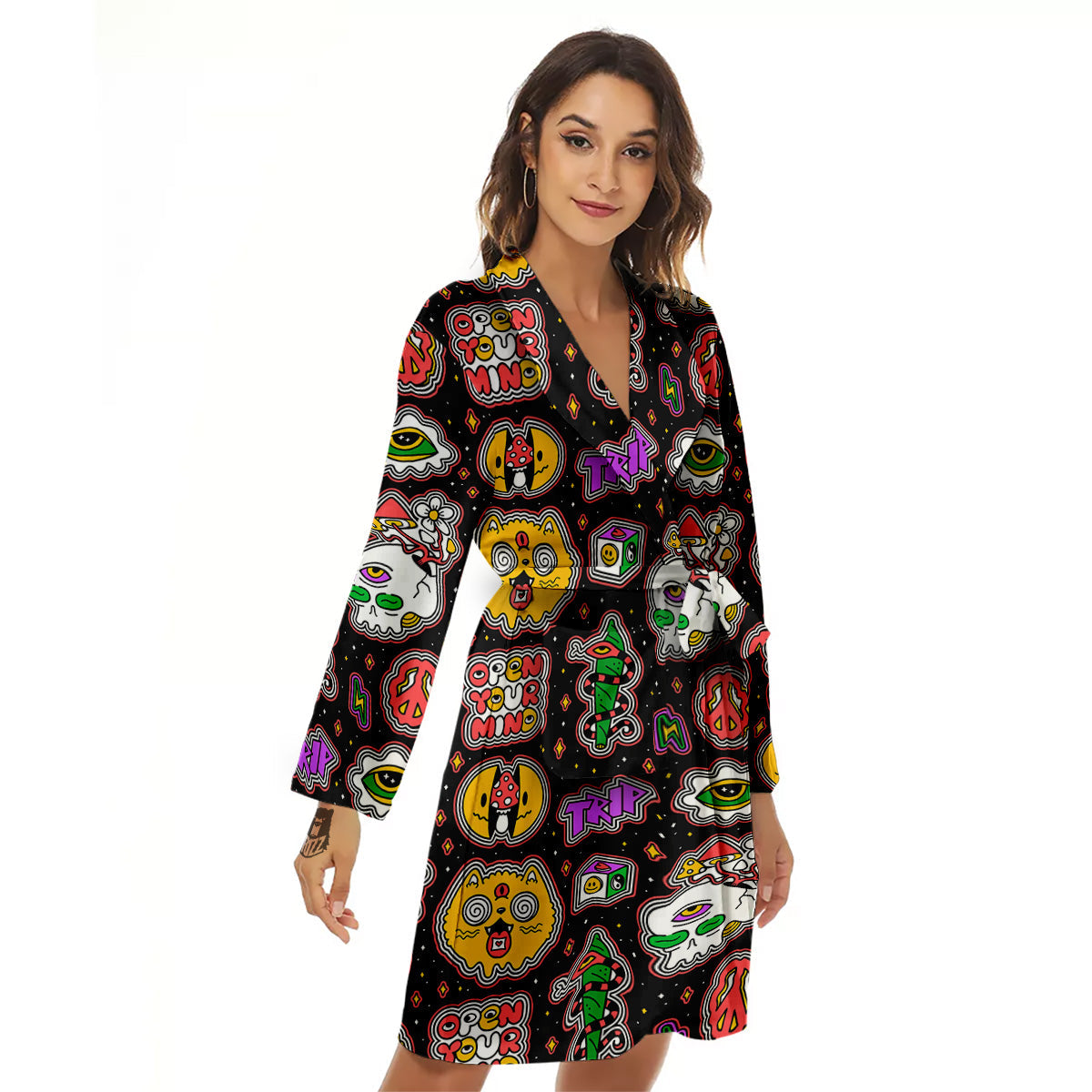 Psychedelic Funny Crazy Colorful Print Pattern Women's Robe-grizzshop