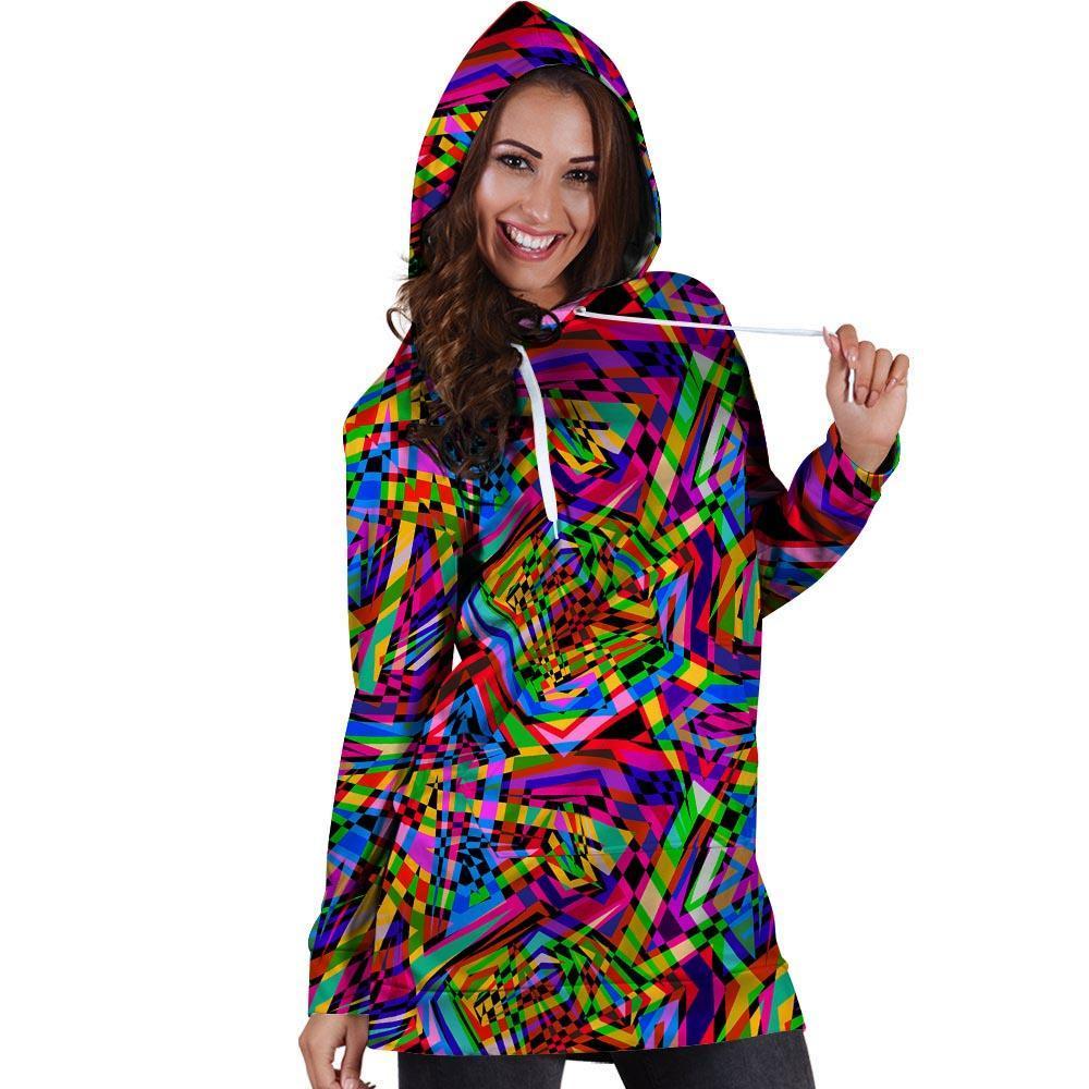 Psychedelic Geometric Multicolor Hoodie Dress-grizzshop