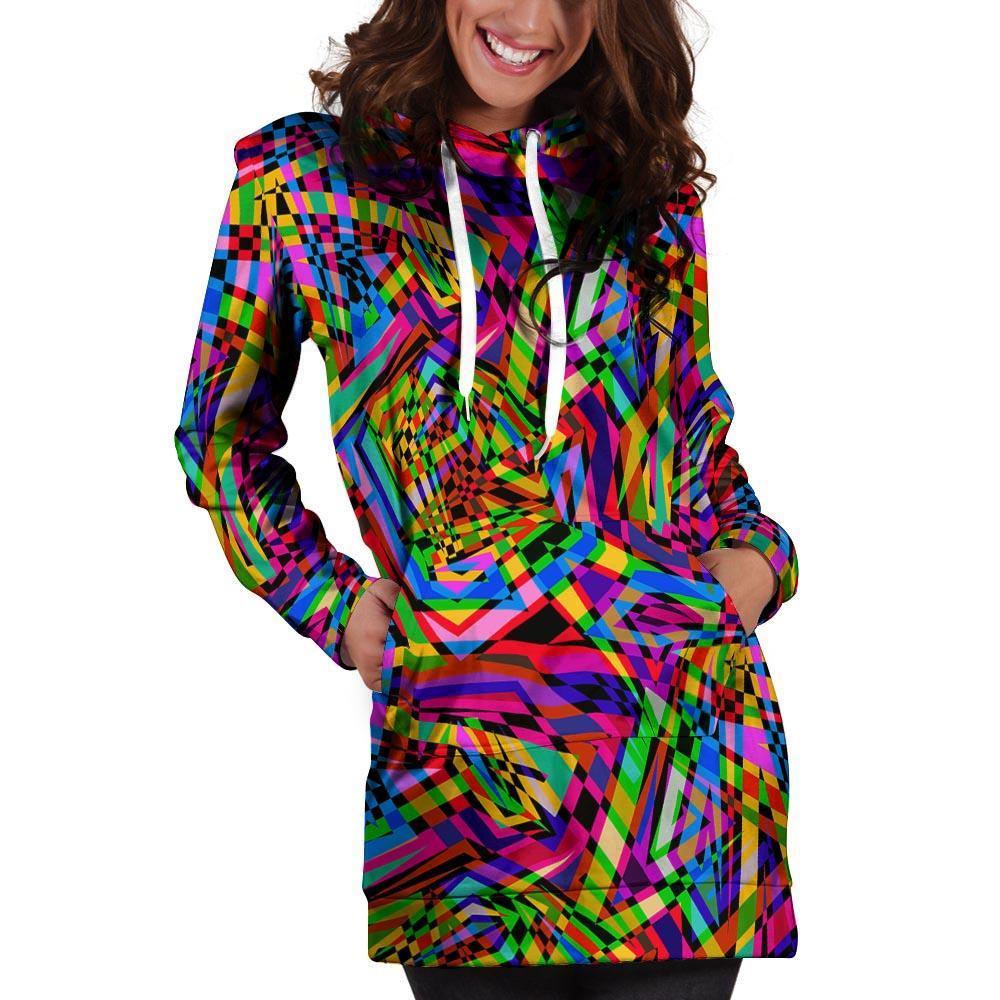Psychedelic Geometric Multicolor Hoodie Dress-grizzshop