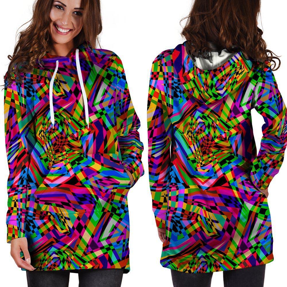 Psychedelic Geometric Multicolor Hoodie Dress-grizzshop