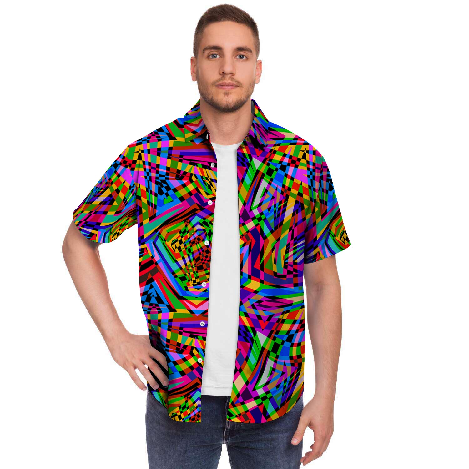 Psychedelic Geometric Multicolor Men's Short Sleeve Shirt-grizzshop
