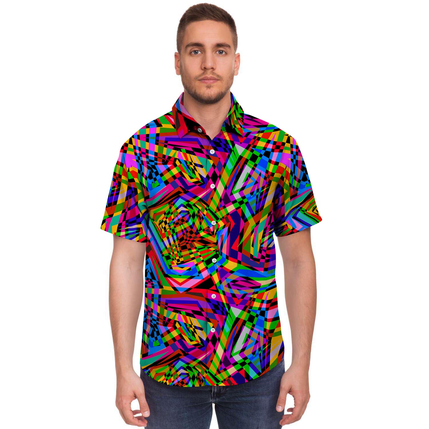 Psychedelic Geometric Multicolor Men's Short Sleeve Shirt-grizzshop