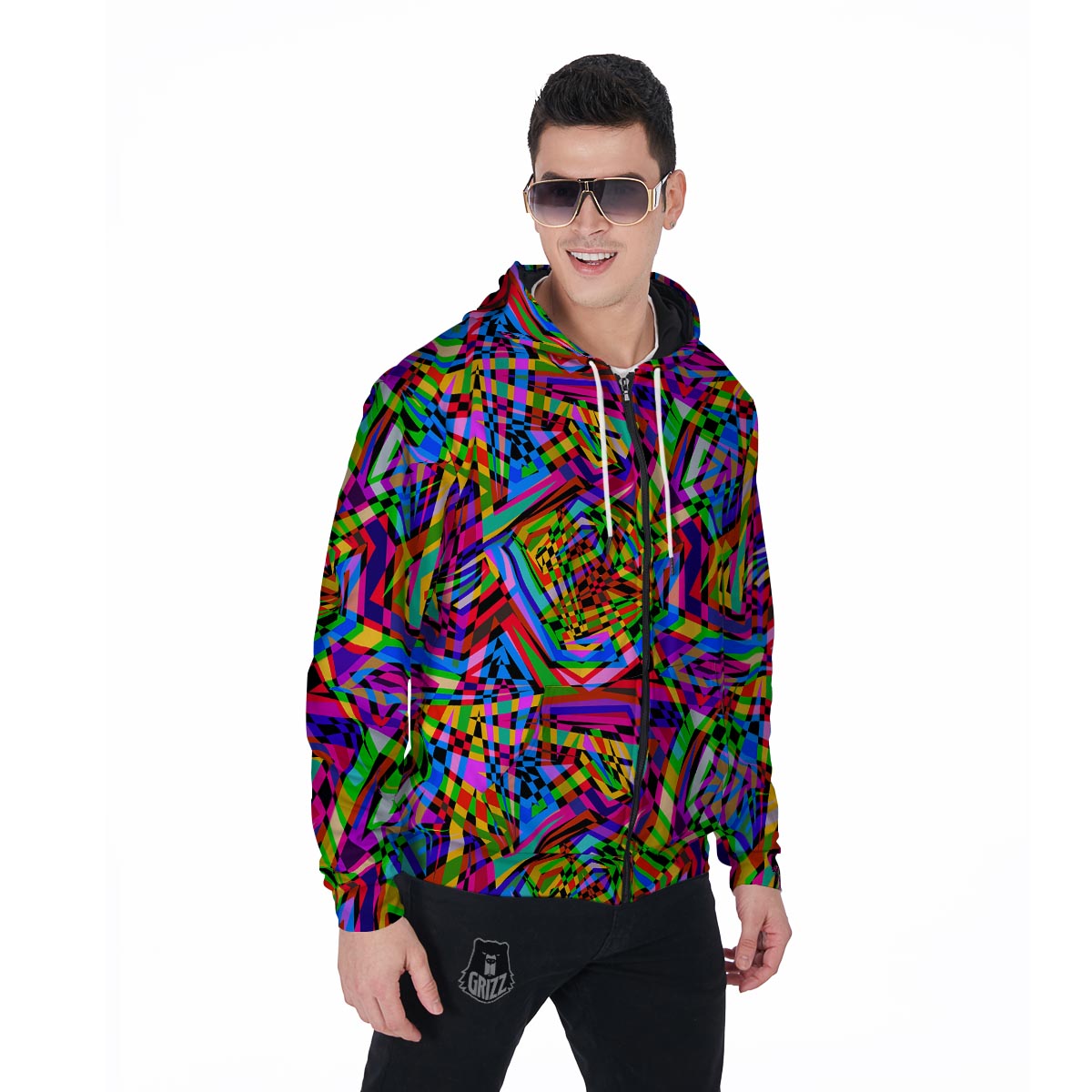 Psychedelic Geometric Multicolor Men's Zip Up Hoodie-grizzshop