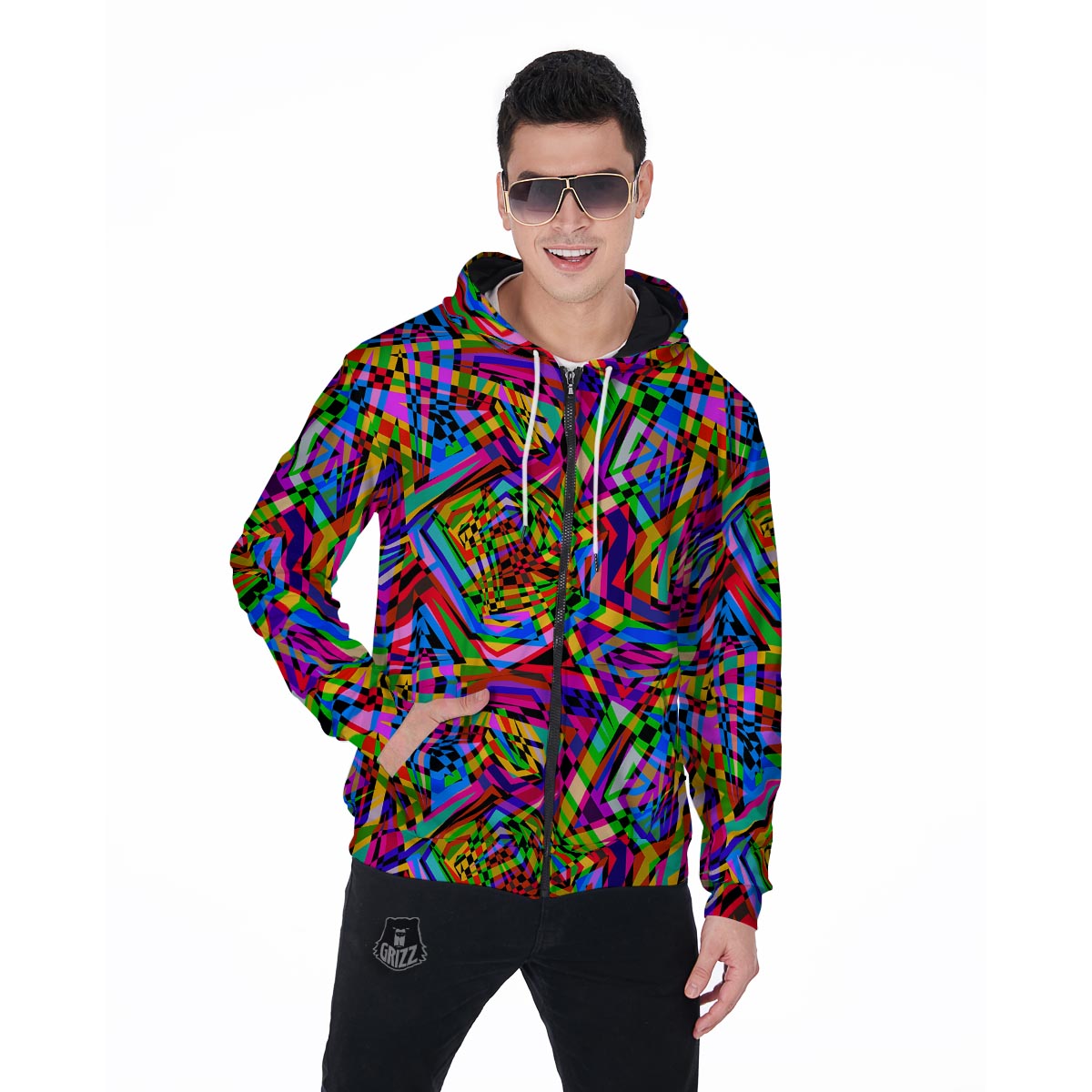 Psychedelic Geometric Multicolor Men's Zip Up Hoodie-grizzshop