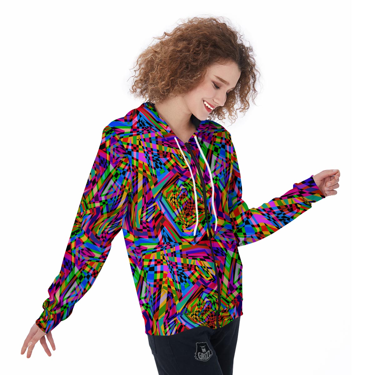 Psychedelic Geometric Multicolor Women's Zip Up Hoodie-grizzshop