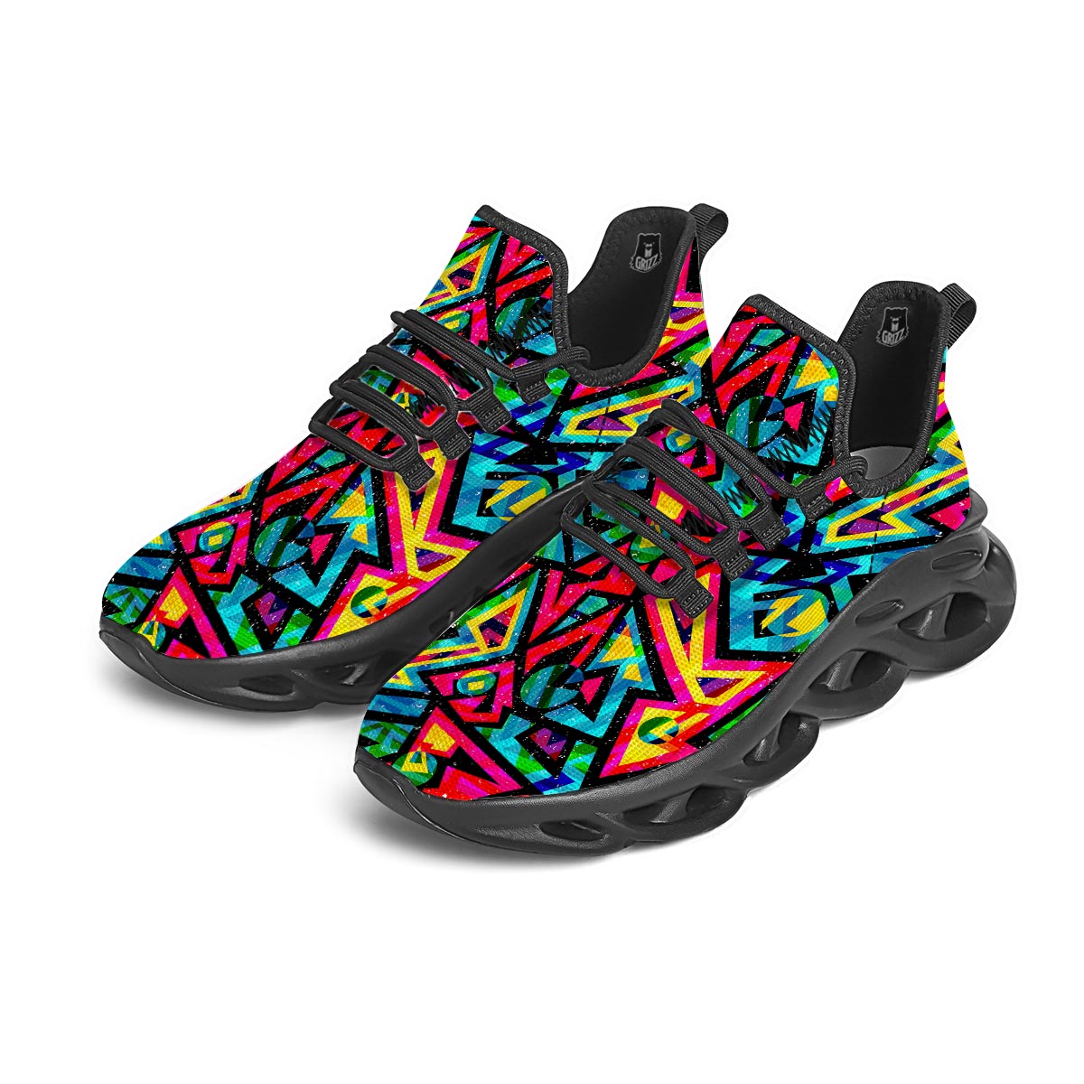 Psychedelic Geometric Print Black Running Shoes-grizzshop