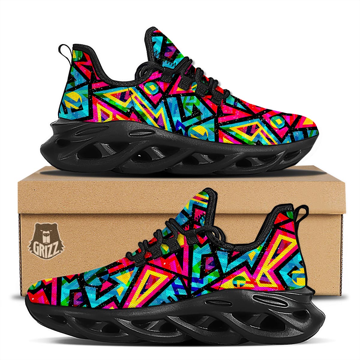 Psychedelic Geometric Print Black Running Shoes-grizzshop