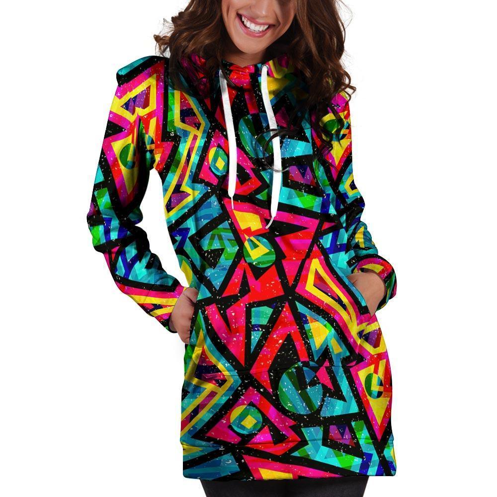 Psychedelic Geometric Print Hoodie Dress-grizzshop