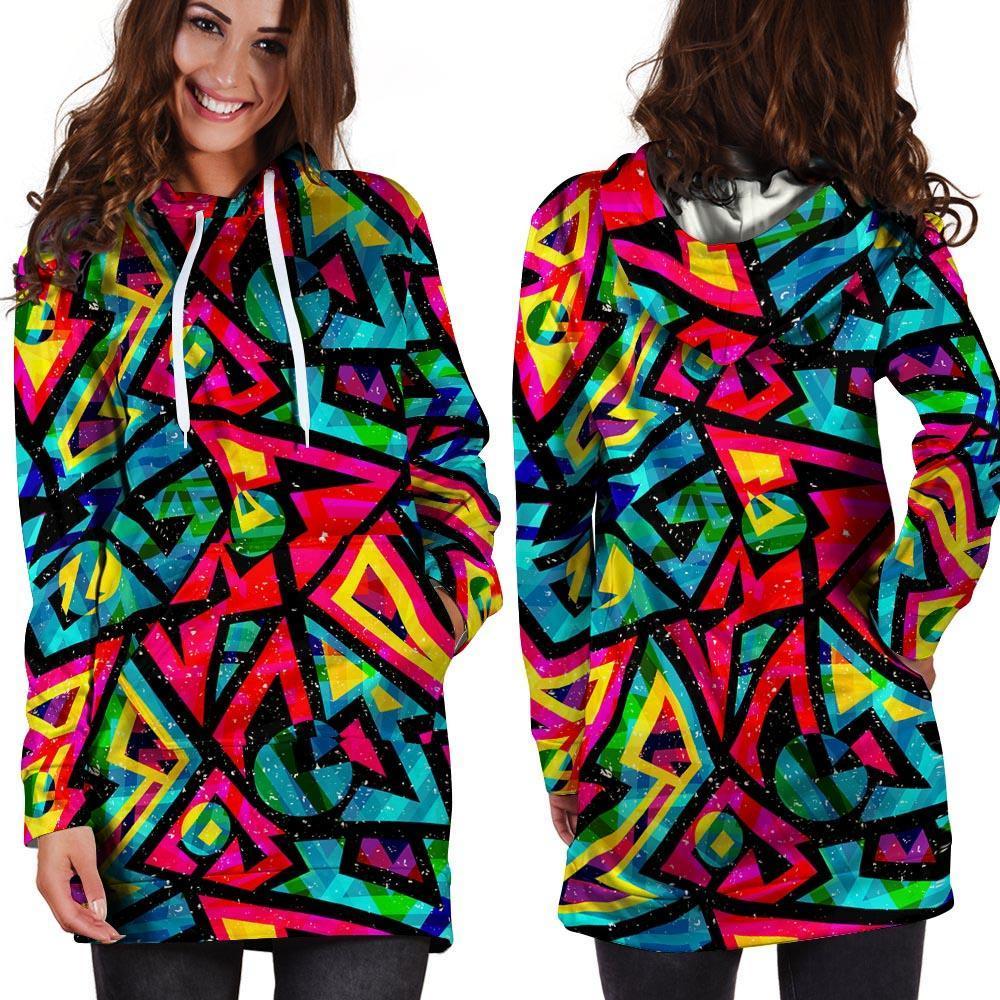 Psychedelic Geometric Print Hoodie Dress-grizzshop