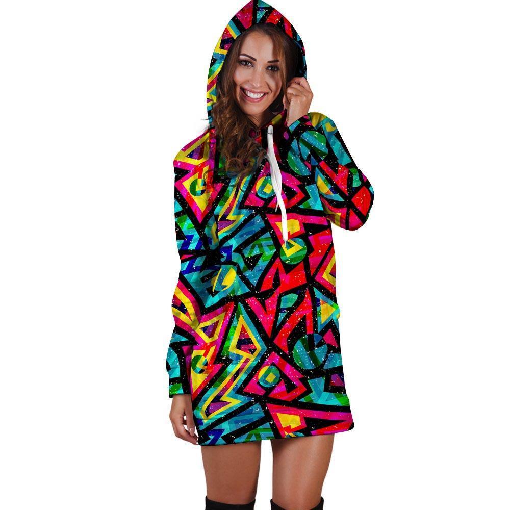 Psychedelic Geometric Print Hoodie Dress-grizzshop