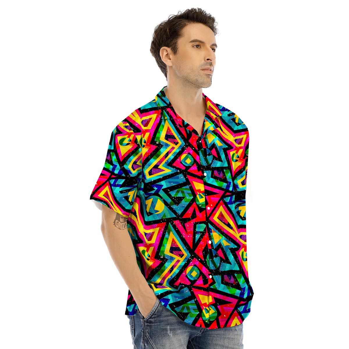 Psychedelic Geometric Print Men’s Hawaiian Shirt-grizzshop