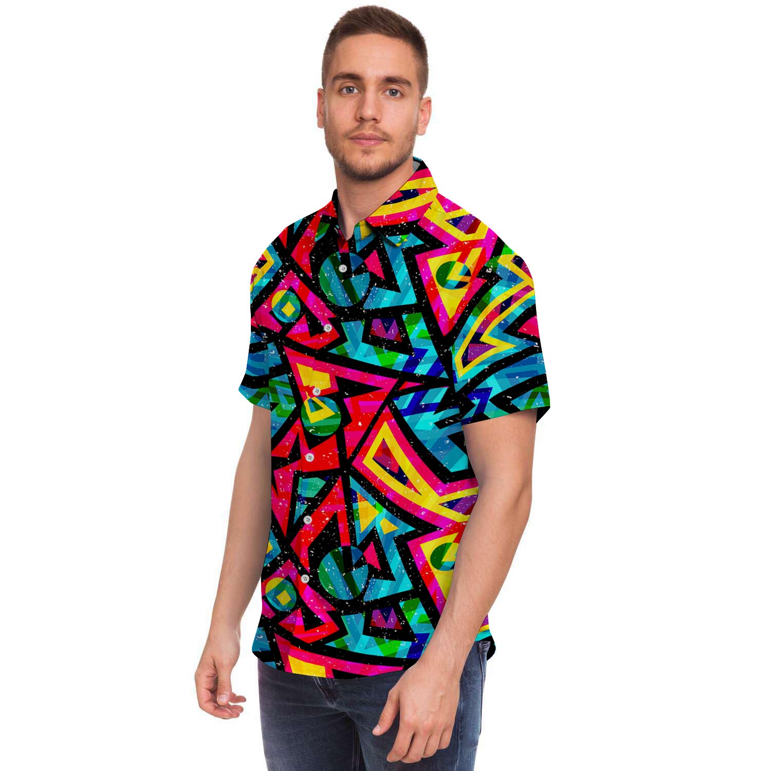 Psychedelic Geometric Print Men's Short Sleeve Shirt-grizzshop