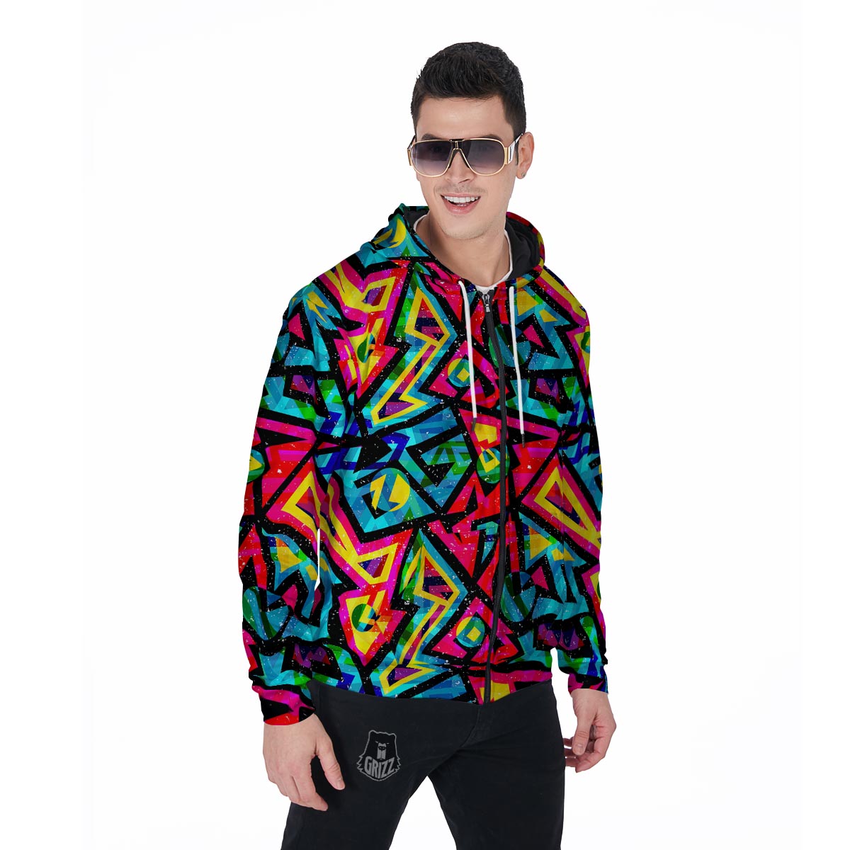Psychedelic Geometric Print Men's Zip Up Hoodie-grizzshop