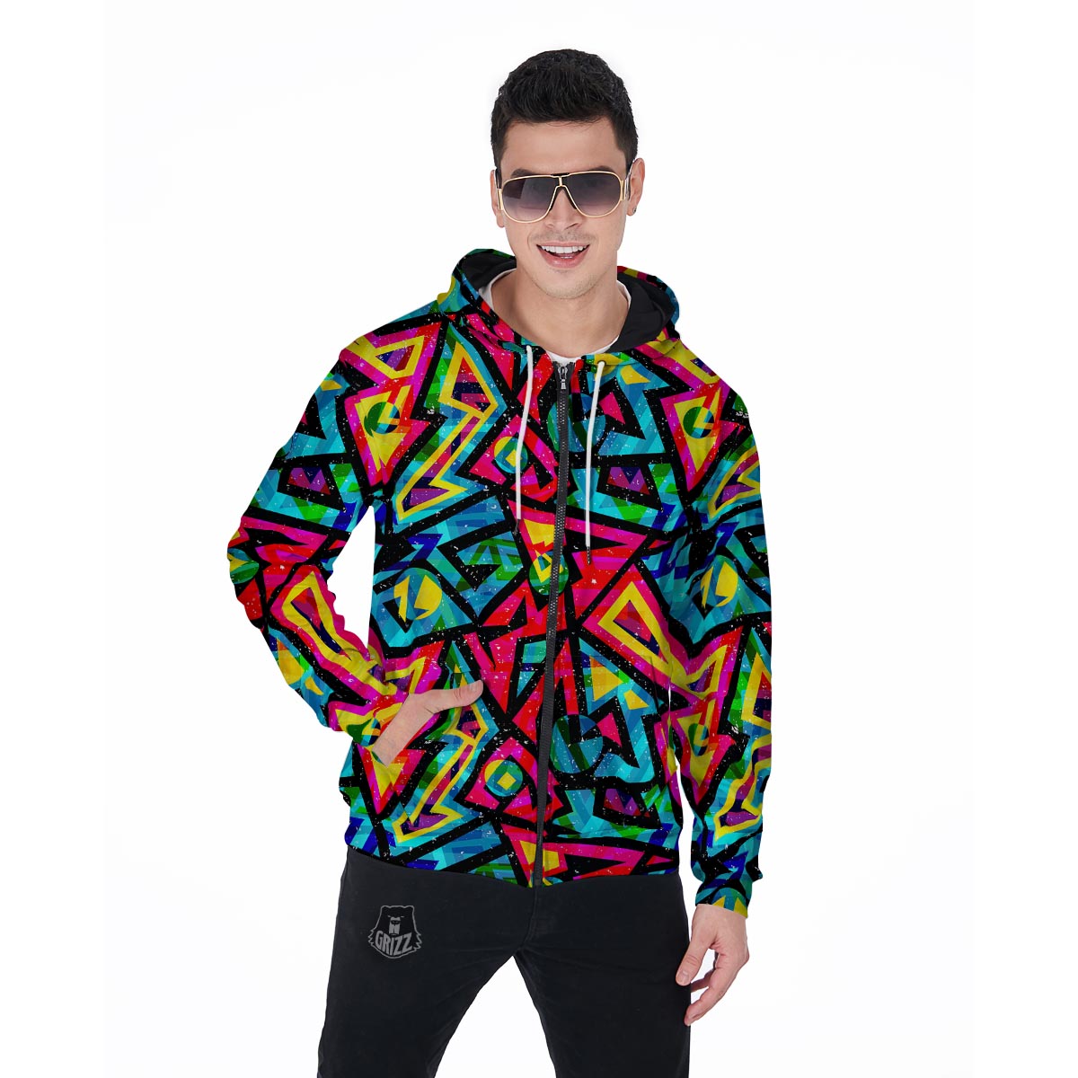 Psychedelic Geometric Print Men's Zip Up Hoodie-grizzshop