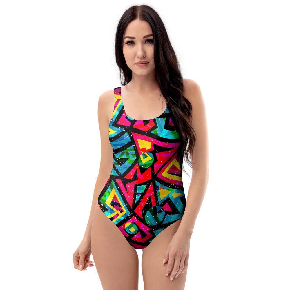 Psychedelic Geometric Print One Piece Swimsuite-grizzshop