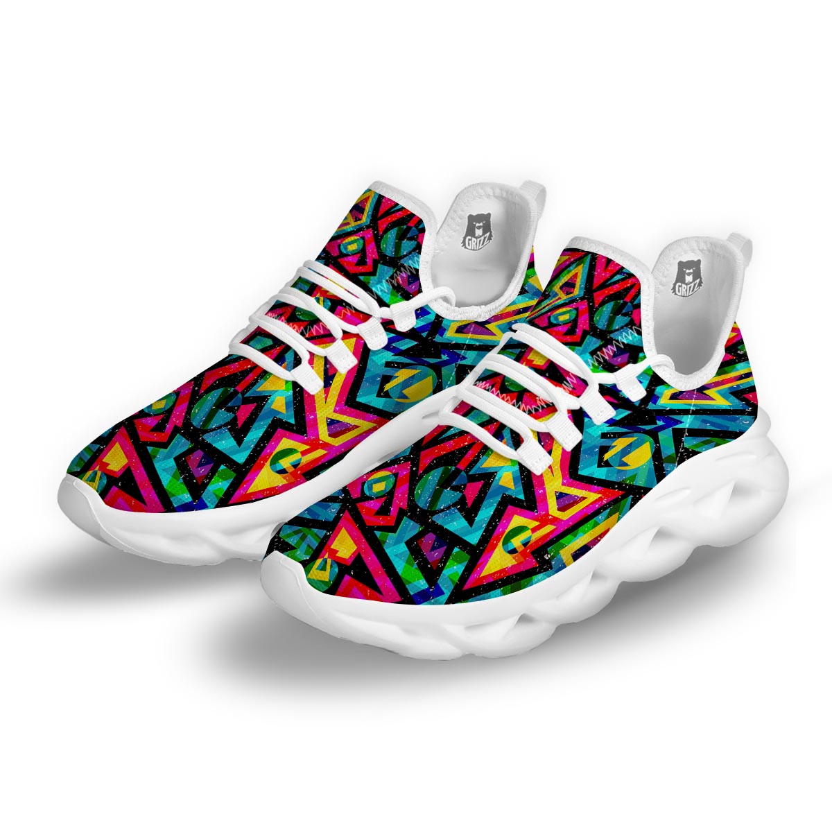 Psychedelic Geometric Print White Running Shoes-grizzshop