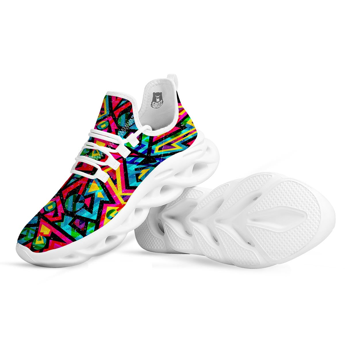 Psychedelic Geometric Print White Running Shoes-grizzshop