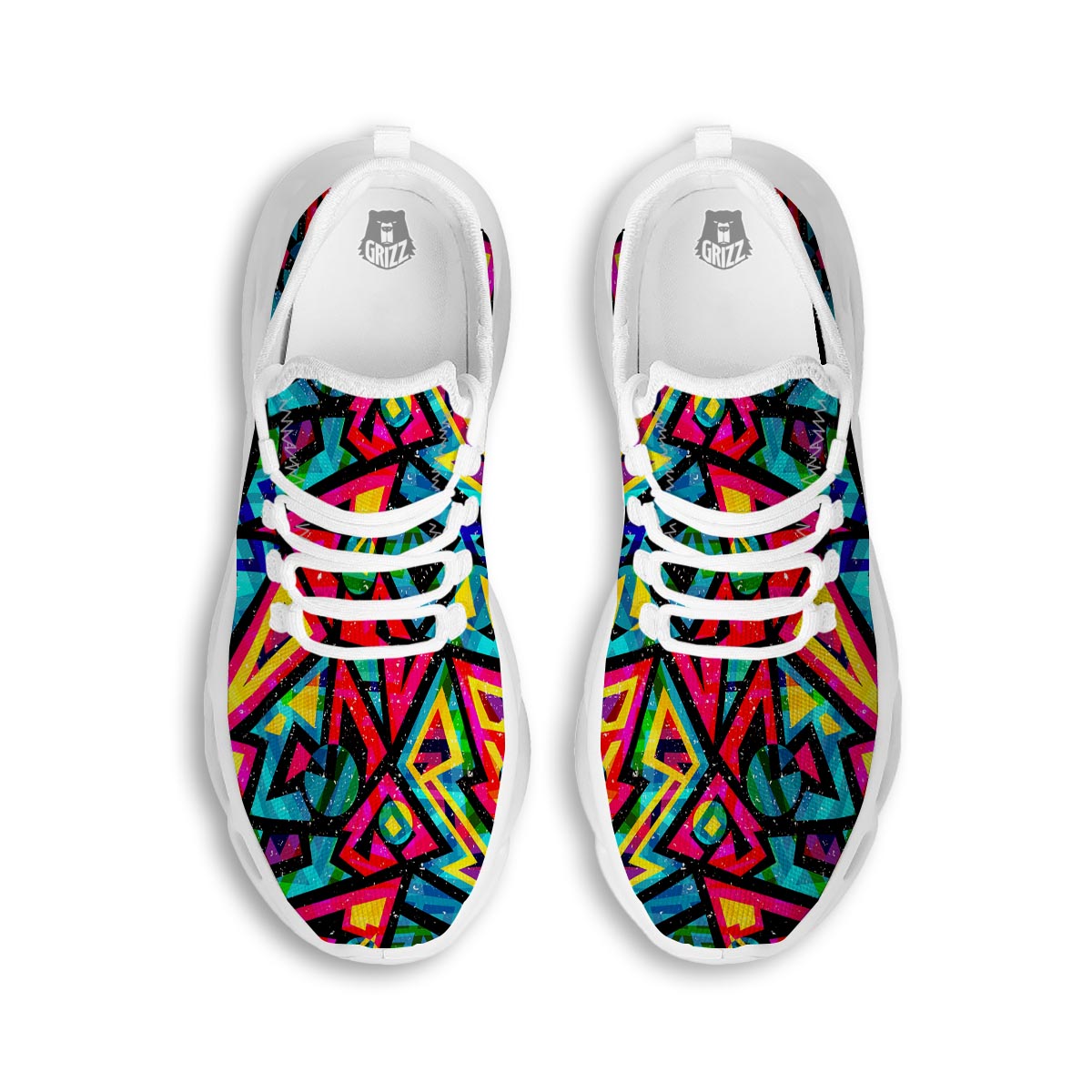 Psychedelic Geometric Print White Running Shoes-grizzshop