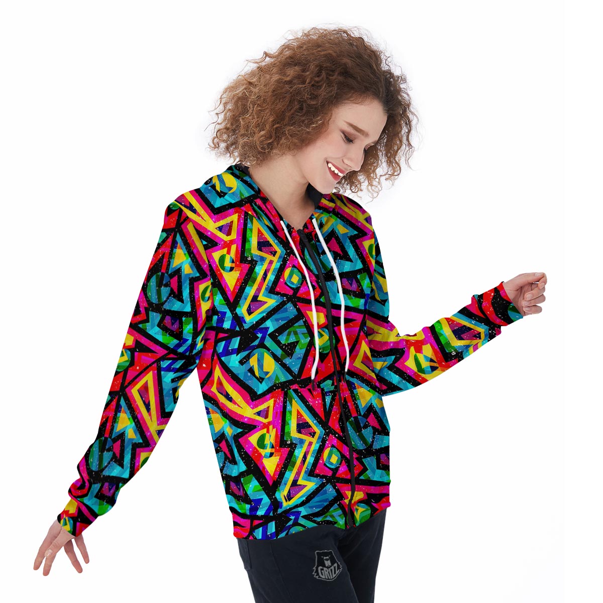Psychedelic Geometric Print Women's Zip Up Hoodie-grizzshop