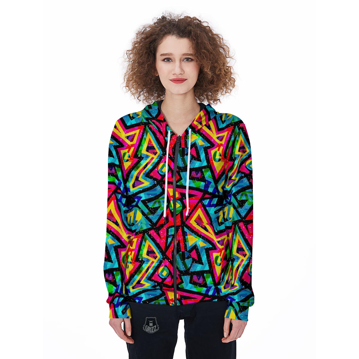 Psychedelic Geometric Print Women's Zip Up Hoodie-grizzshop