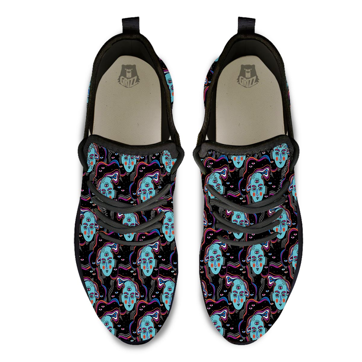 Psychedelic Hippie Retro Print Pattern Black Athletic Shoes-grizzshop