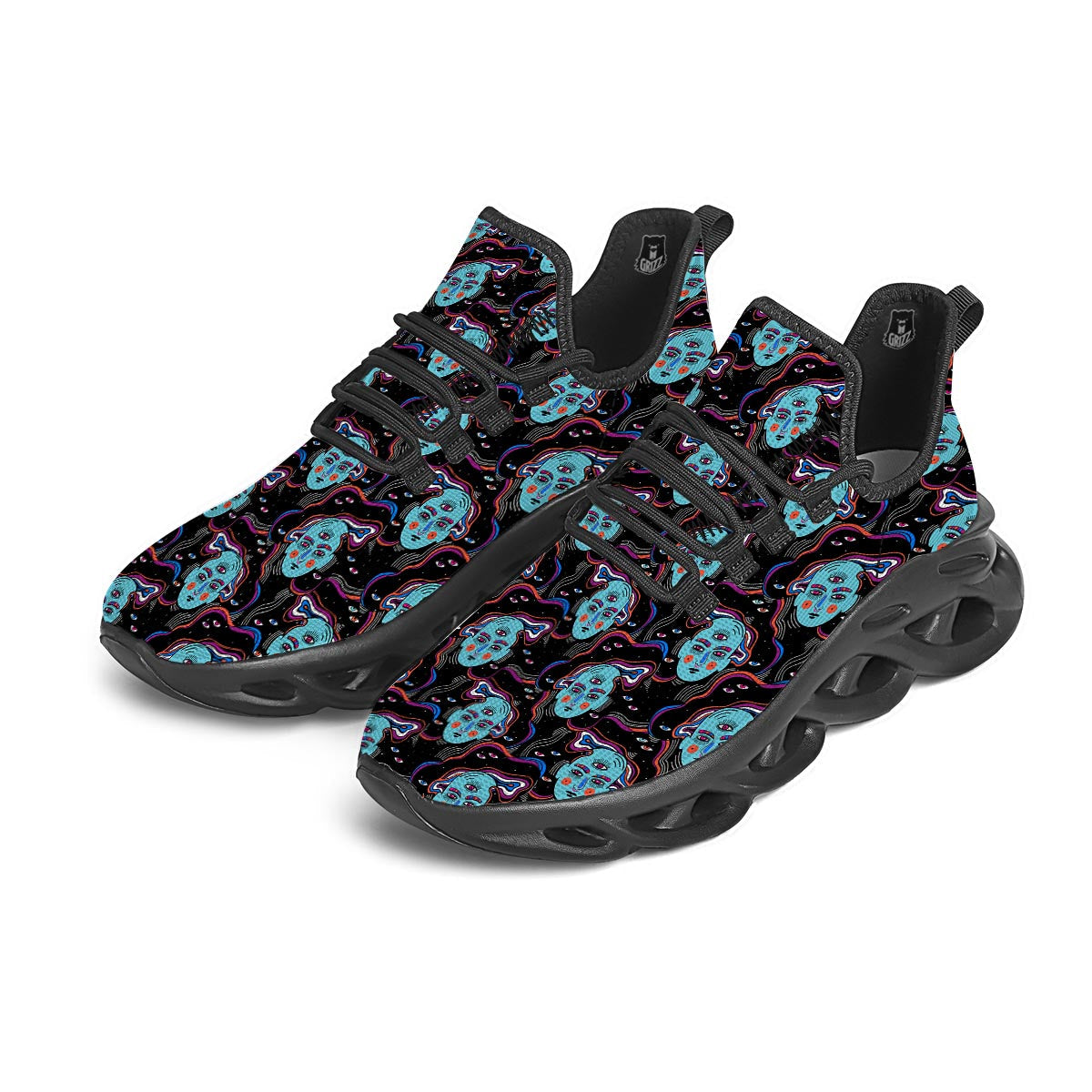Psychedelic Hippie Retro Print Pattern Black Running Shoes-grizzshop