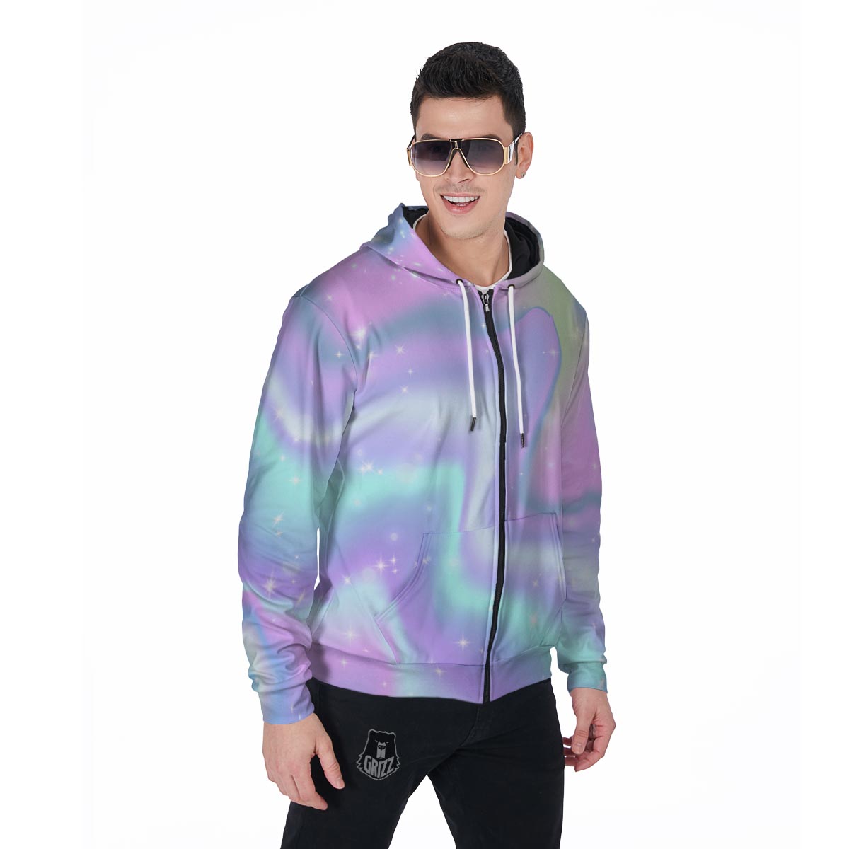 Psychedelic Holographic Men's Zip Up Hoodie-grizzshop