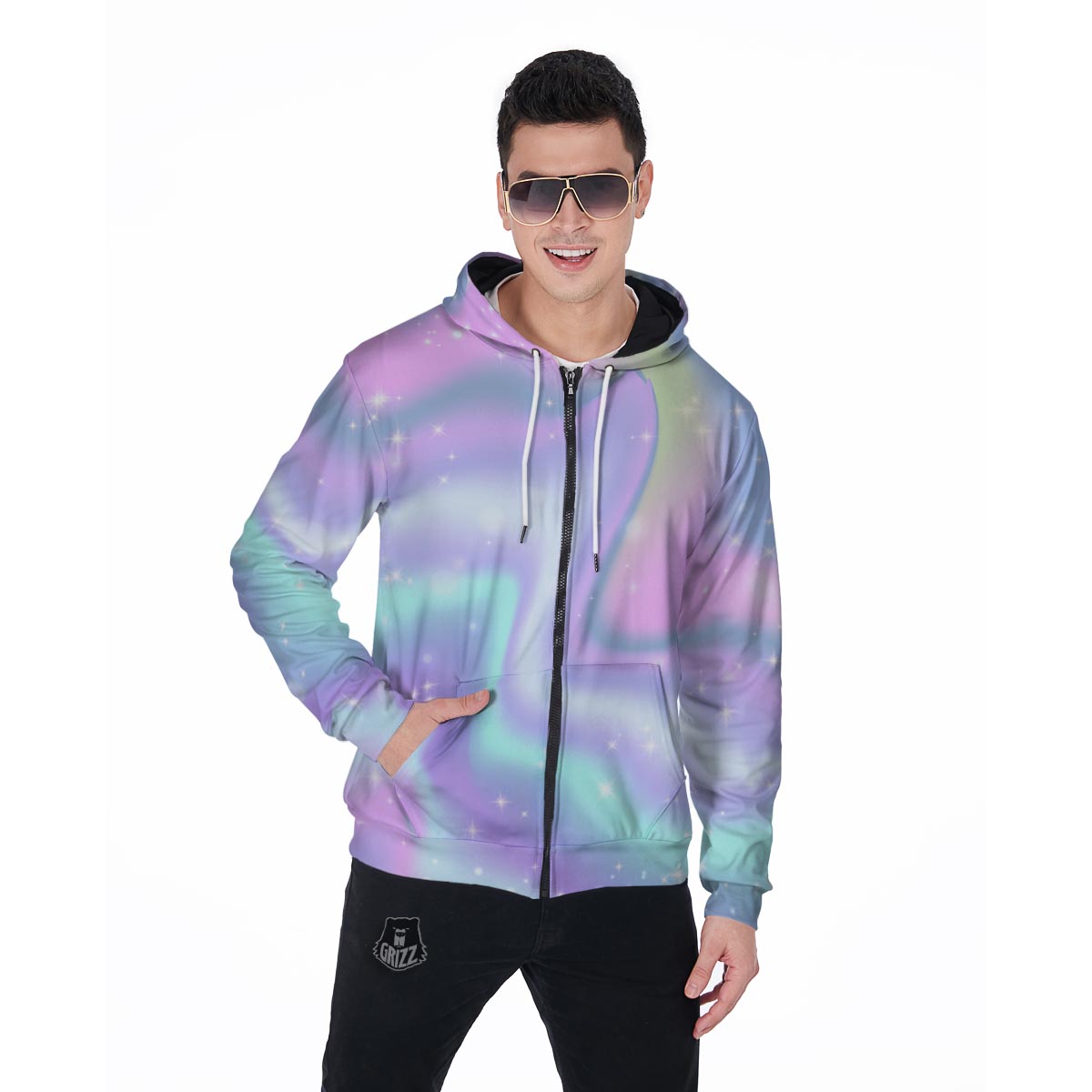 Psychedelic Holographic Men's Zip Up Hoodie-grizzshop