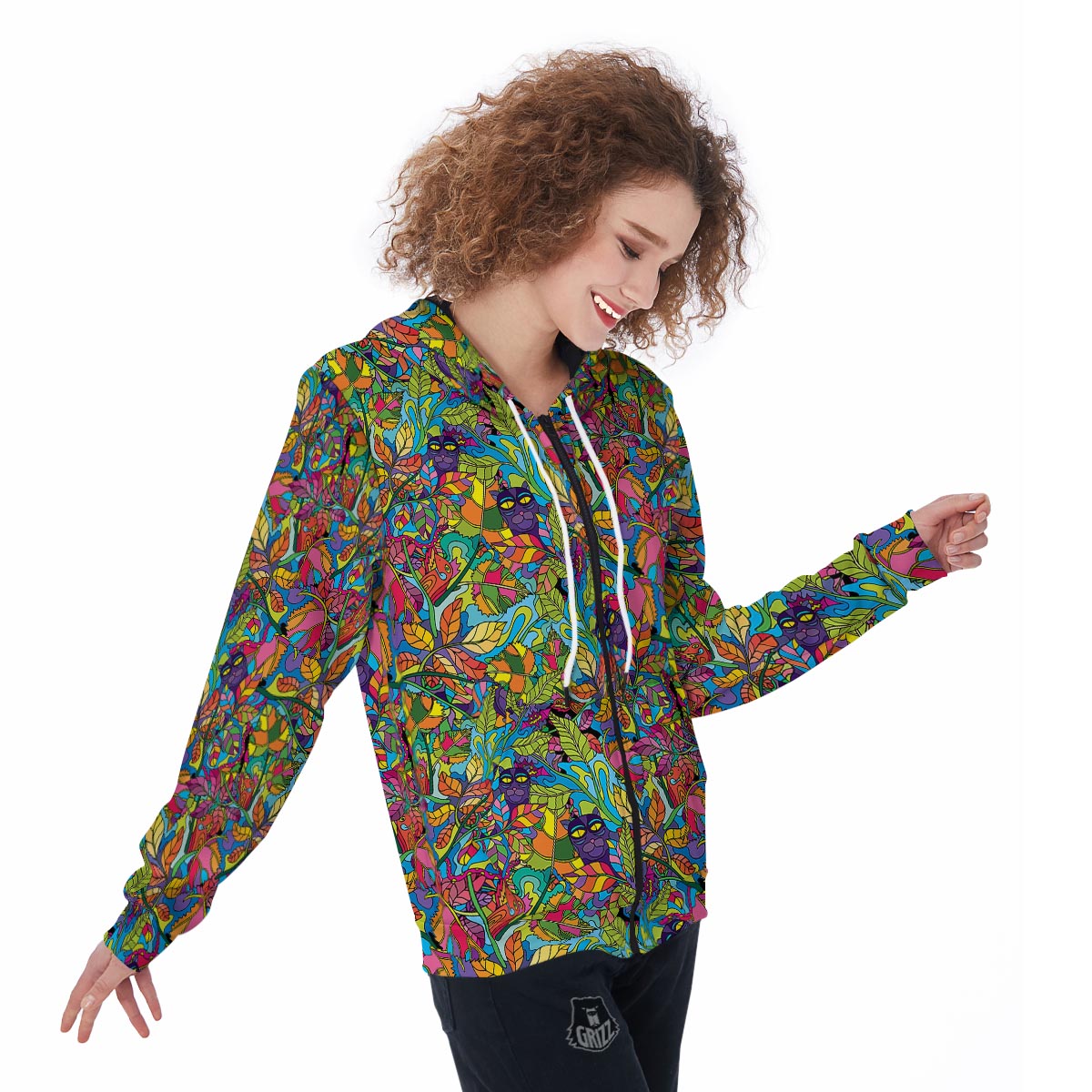 Psychedelic Jungle Forest Floral Women's Zip Up Hoodie-grizzshop