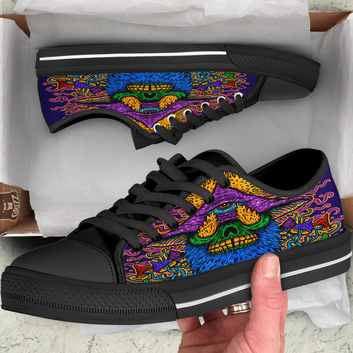 Psychedelic Magic Mushroom Print Black Low Top Shoes-grizzshop