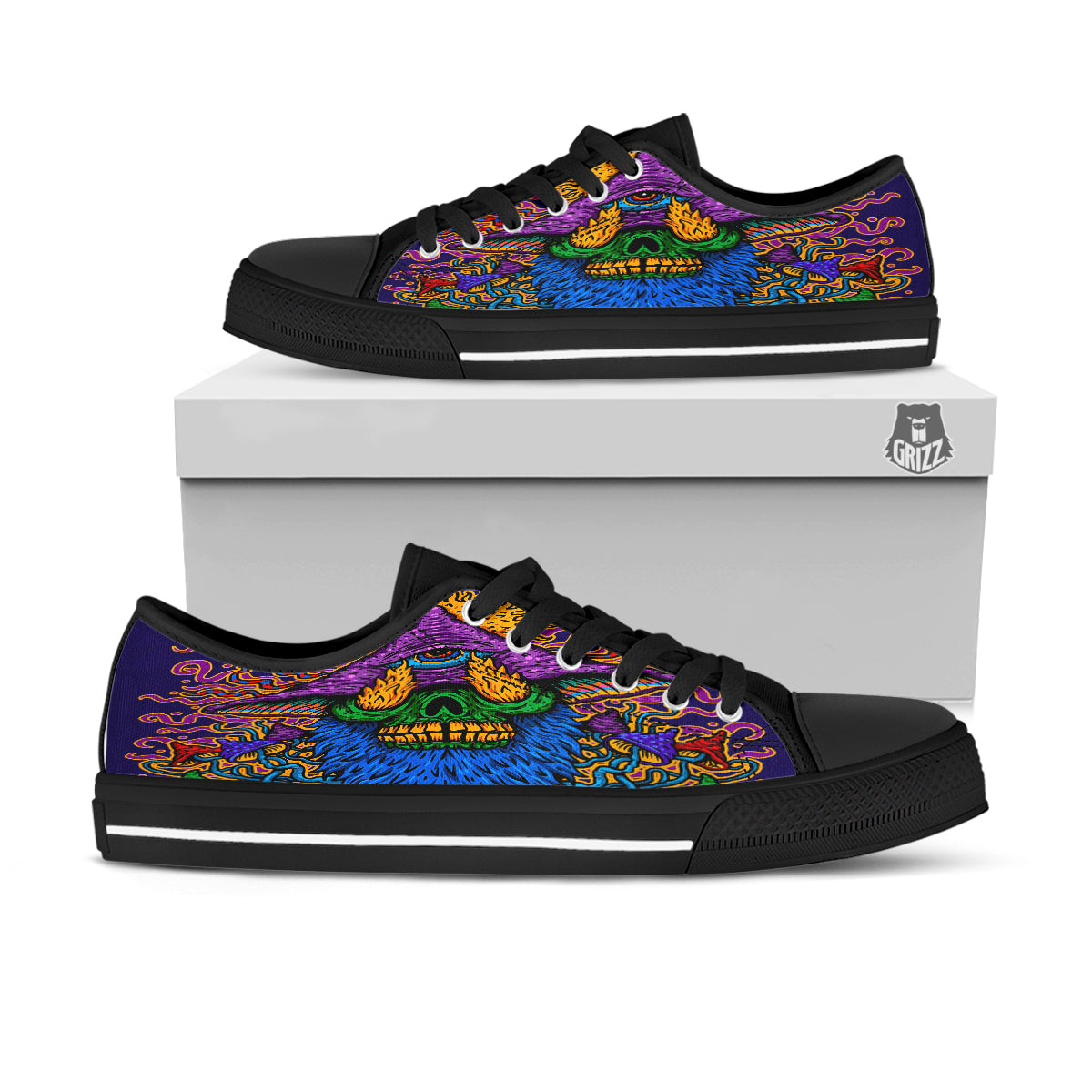 Psychedelic Magic Mushroom Print Black Low Top Shoes-grizzshop