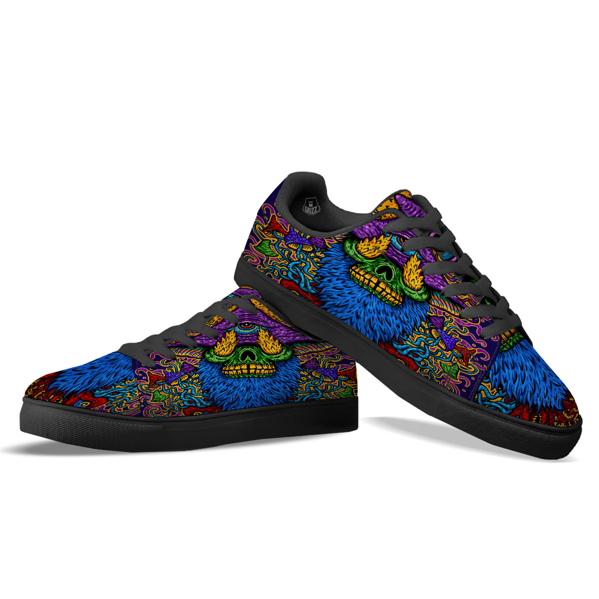 Psychedelic Magic Mushroom Print Black Low Top Sneakers-grizzshop