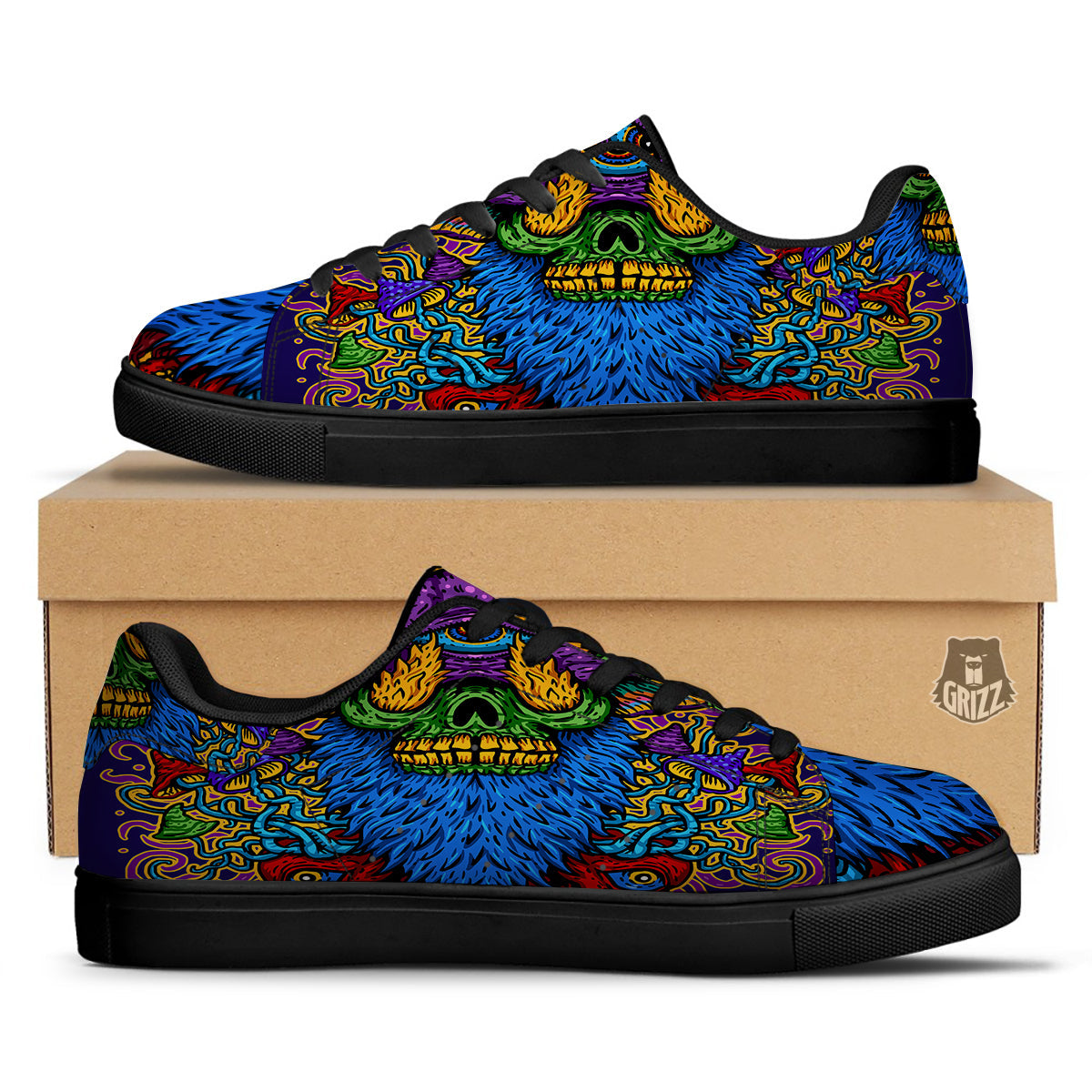 Psychedelic Magic Mushroom Print Black Low Top Sneakers-grizzshop