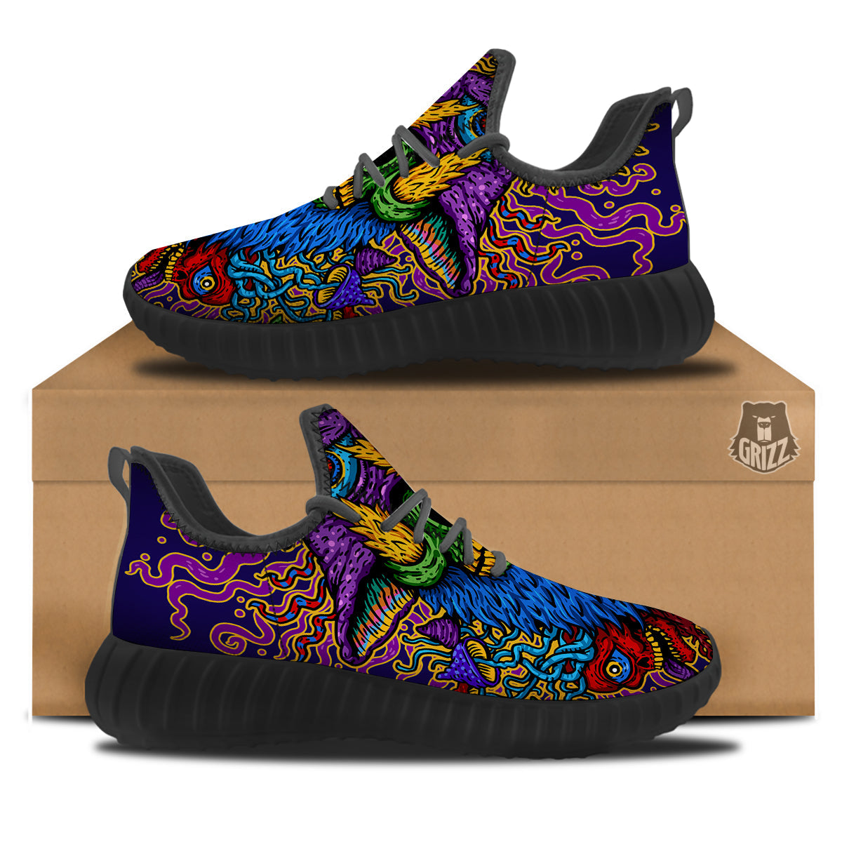 Psychedelic Magic Mushroom Print Black Walking Shoes-grizzshop
