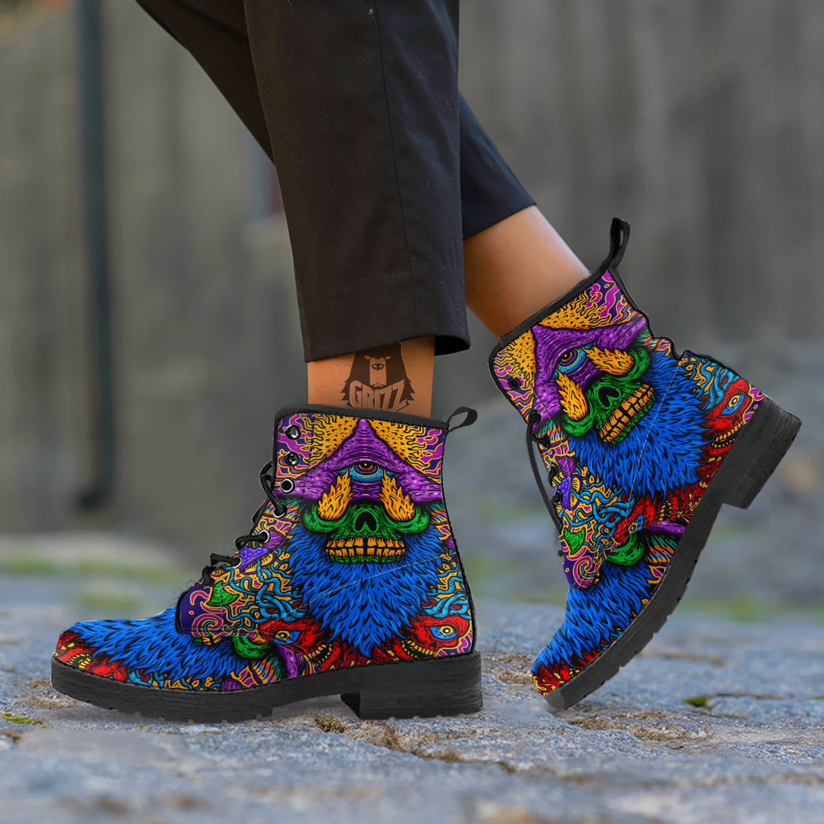 Psychedelic Magic Mushroom Print Leather Boots-grizzshop