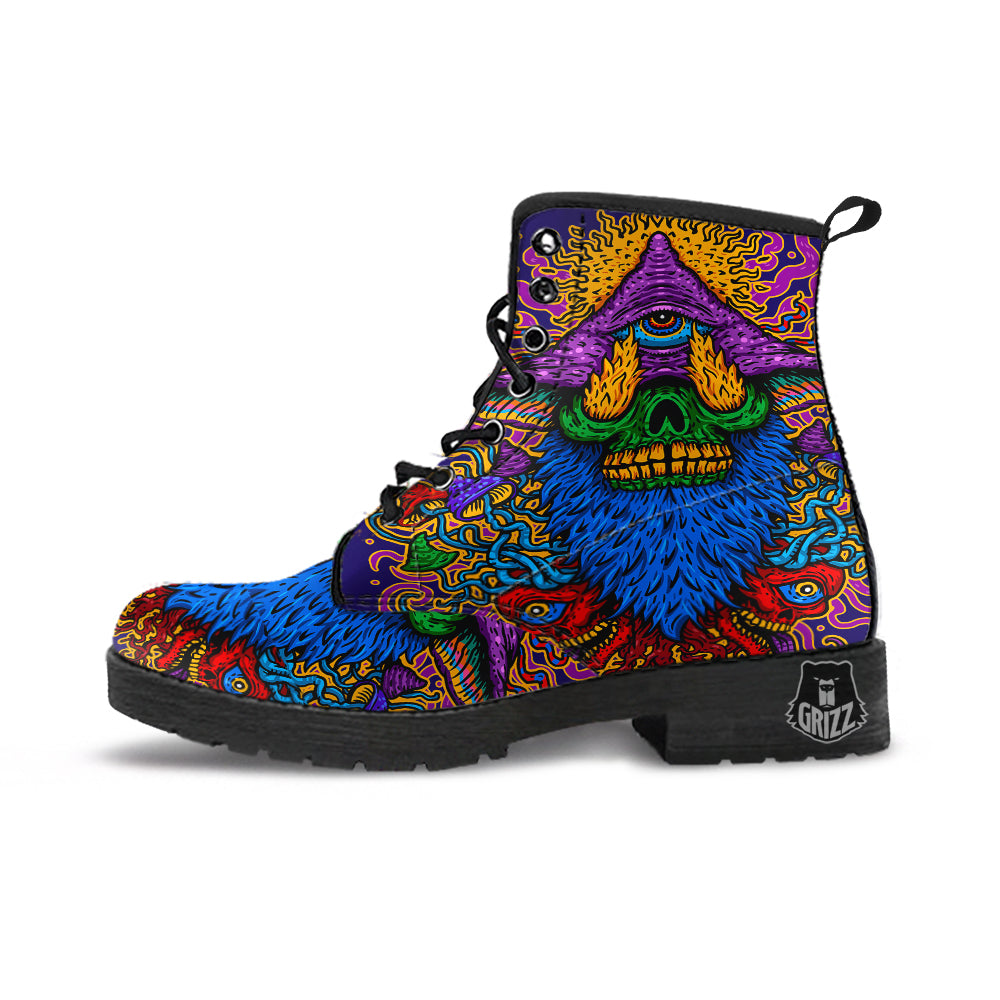 Psychedelic Magic Mushroom Print Leather Boots-grizzshop