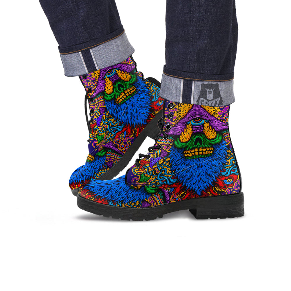 Psychedelic Magic Mushroom Print Leather Boots-grizzshop