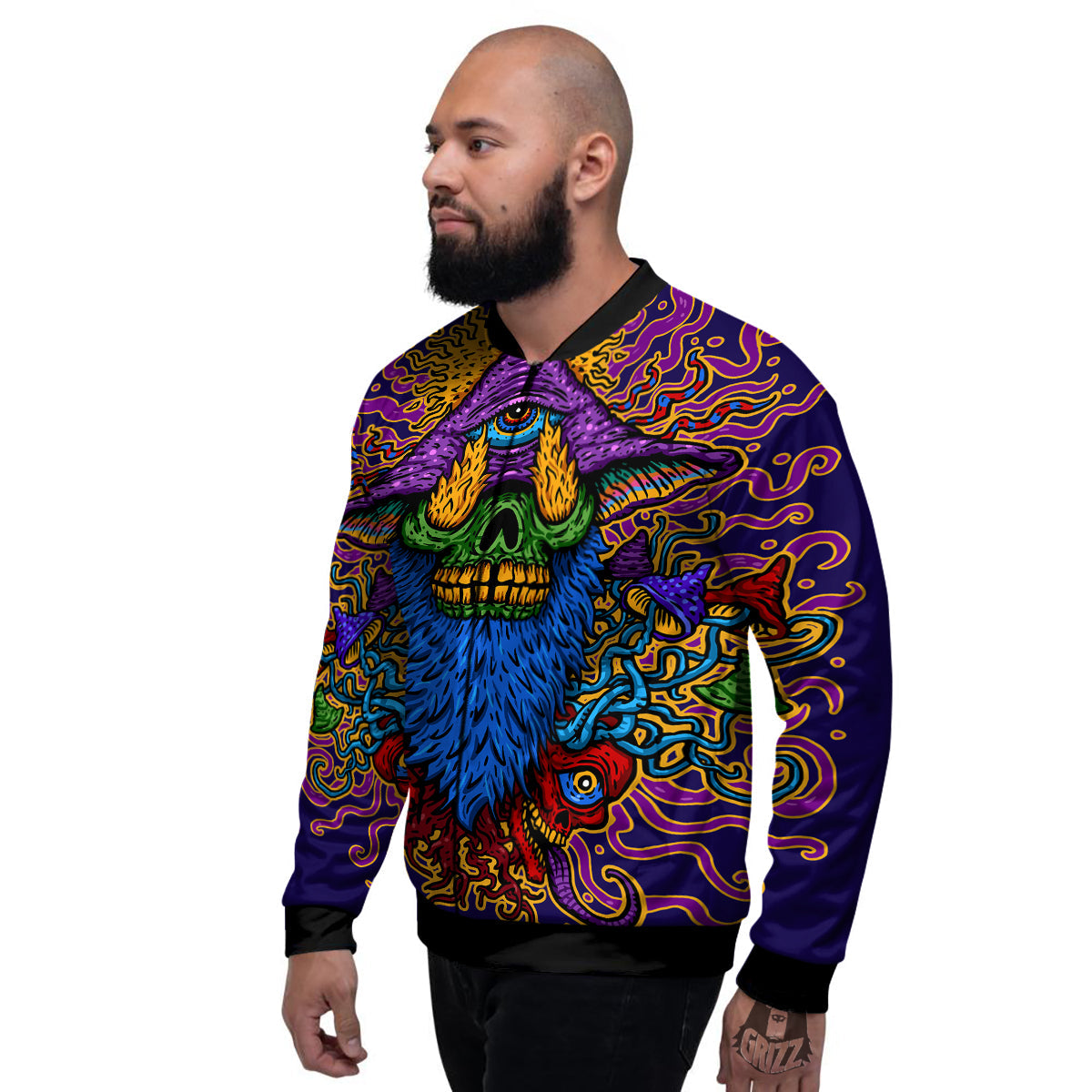 Psychedelic Magic Mushroom Print Men's Bomber Jacket-grizzshop
