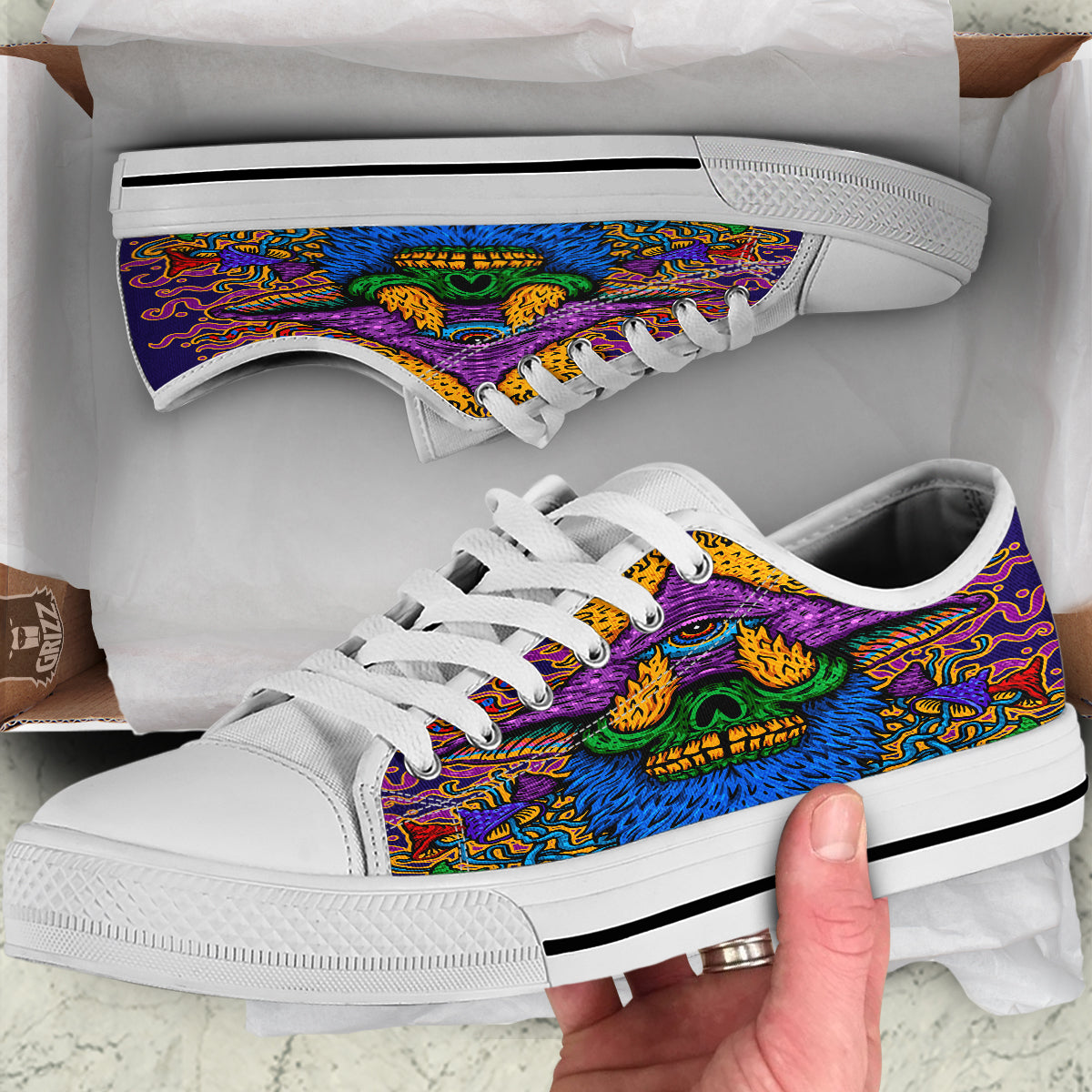 Psychedelic Magic Mushroom Print White Low Top Shoes-grizzshop