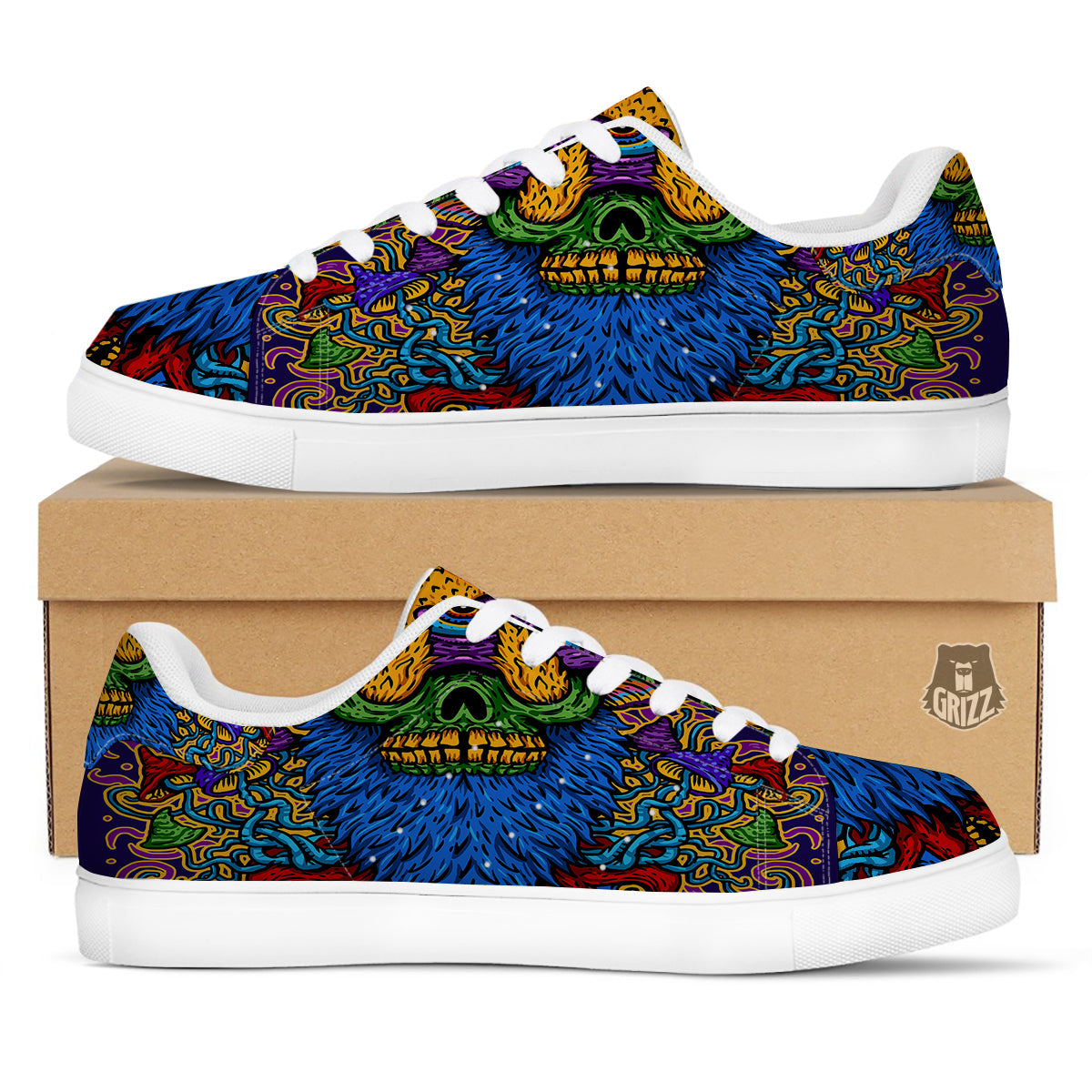 Psychedelic Magic Mushroom Print White Low Top Sneakers-grizzshop