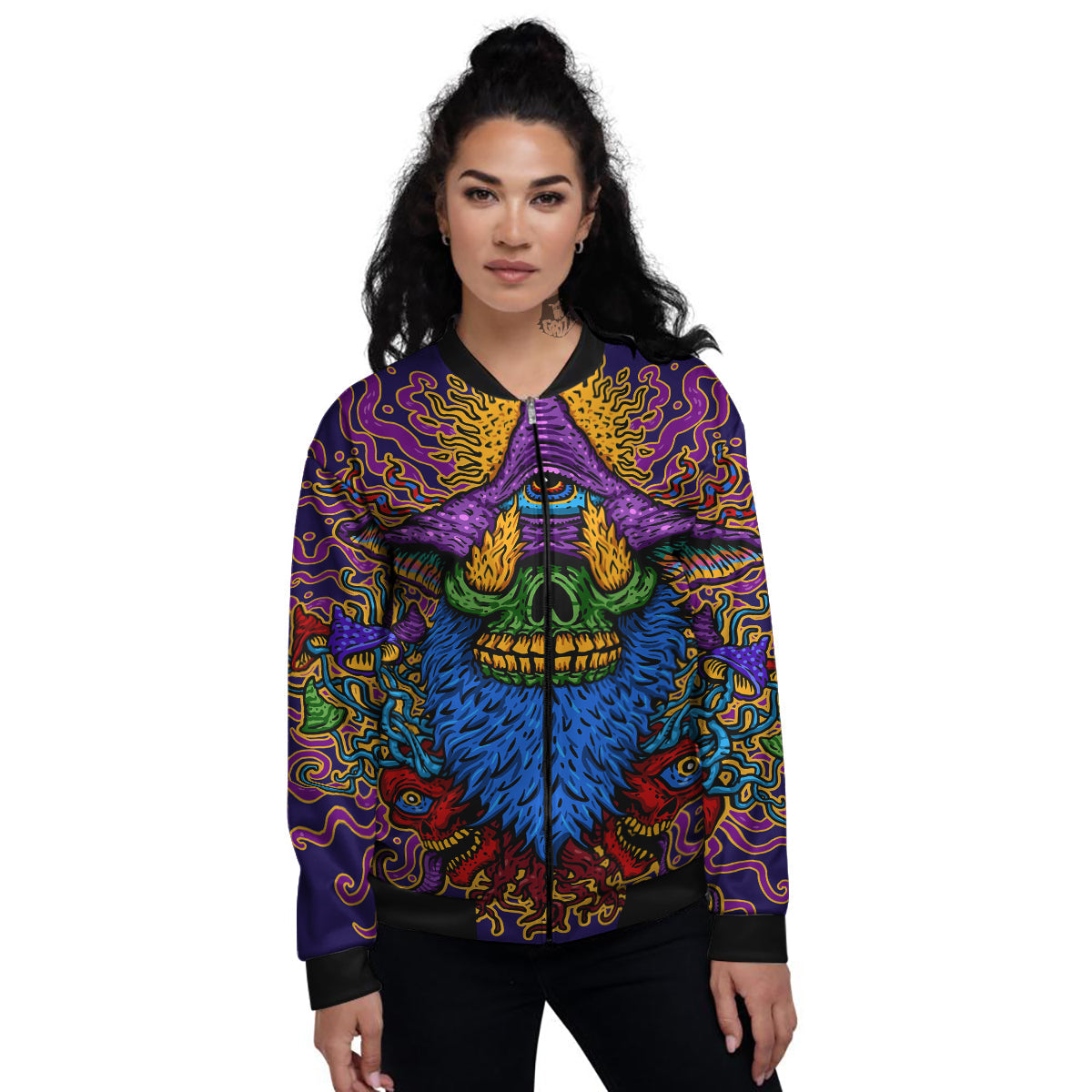 Psychedelic Magic Mushroom Print Women's Bomber Jacket-grizzshop