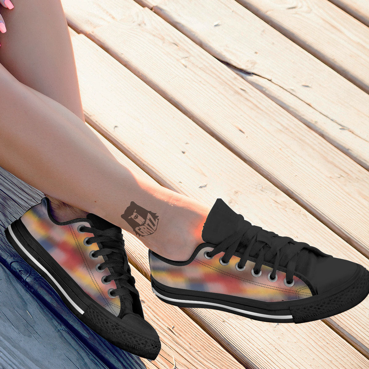 Psychedelic Multicolor Print Black Low Top Shoes-grizzshop