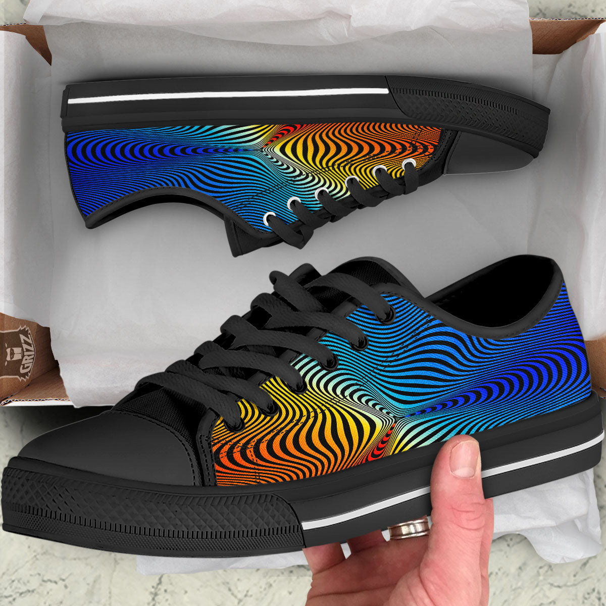 Psychedelic Optical Vibrant Illusion Black Low Top Shoes-grizzshop
