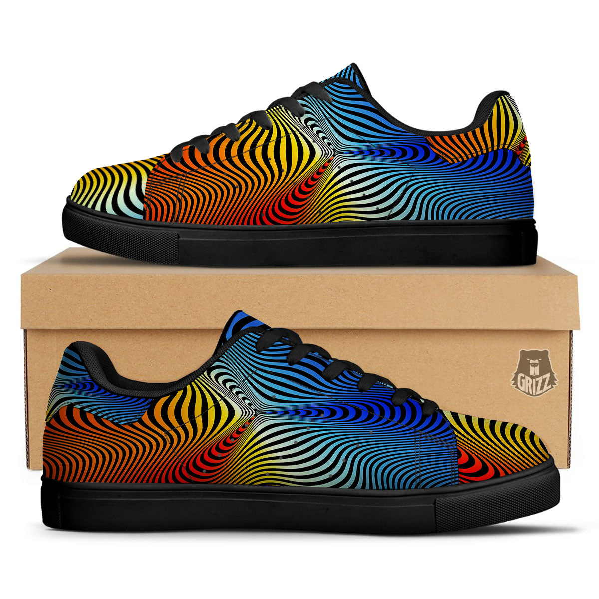 Psychedelic Optical Vibrant Illusion Black Low Top Sneakers-grizzshop