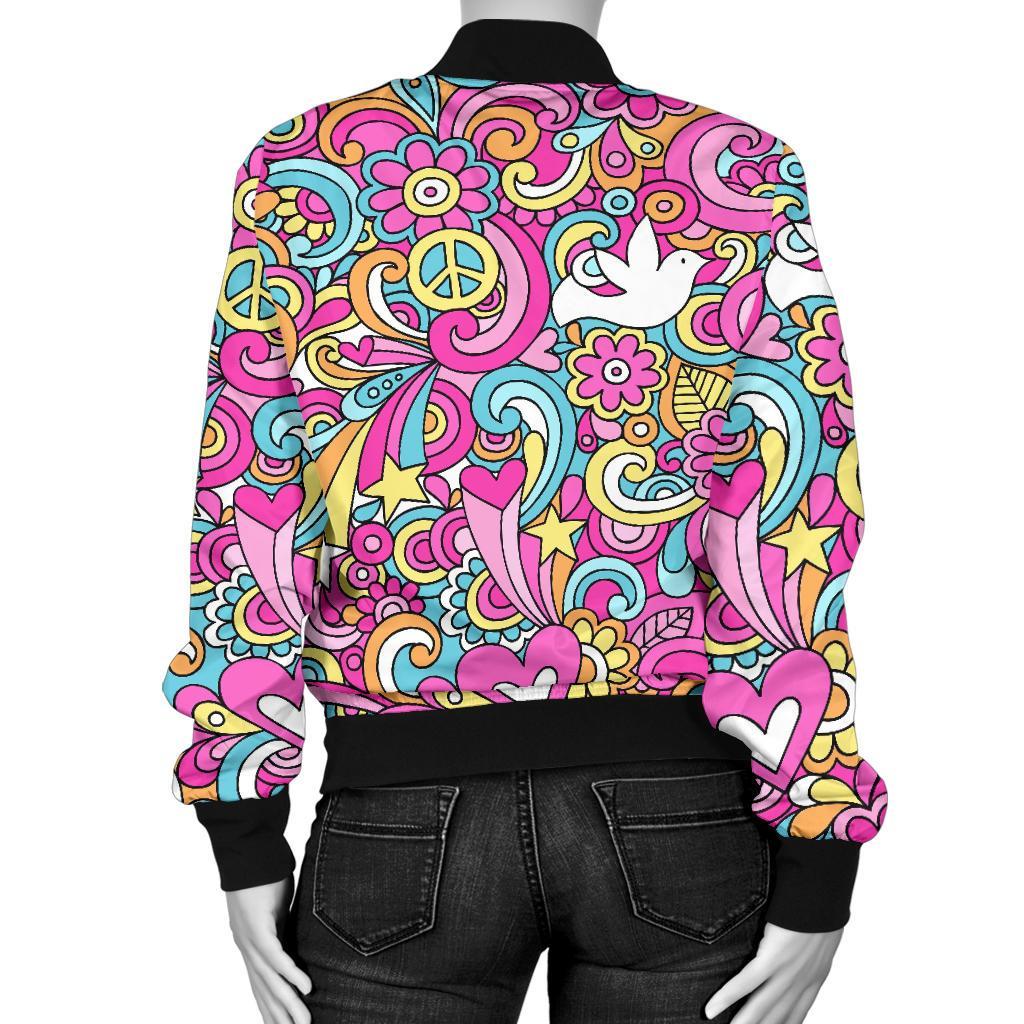 Psychedelic Pattern Print Women Casual Bomber Jacket-grizzshop