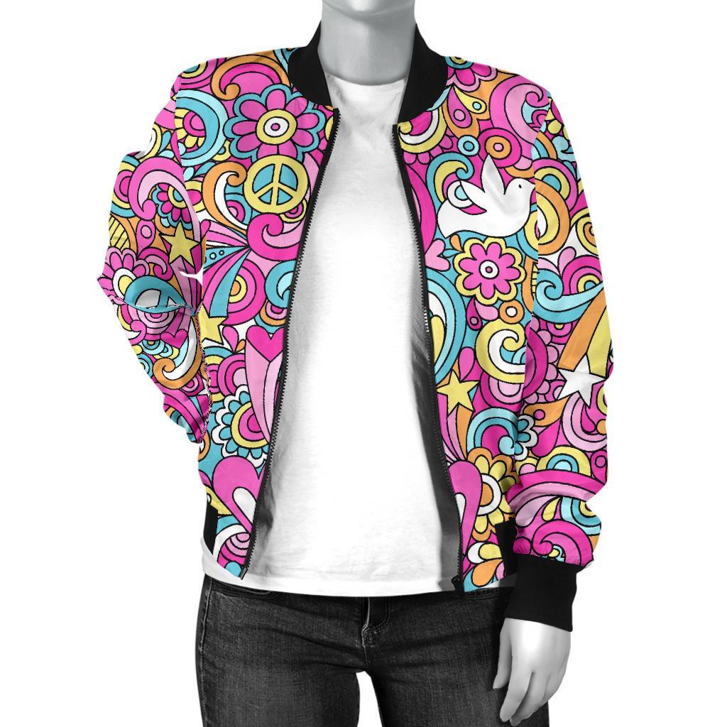 Psychedelic Pattern Print Women Casual Bomber Jacket-grizzshop