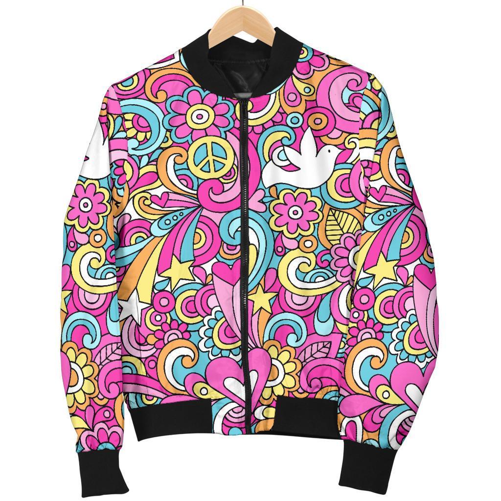 Psychedelic Pattern Print Women Casual Bomber Jacket-grizzshop