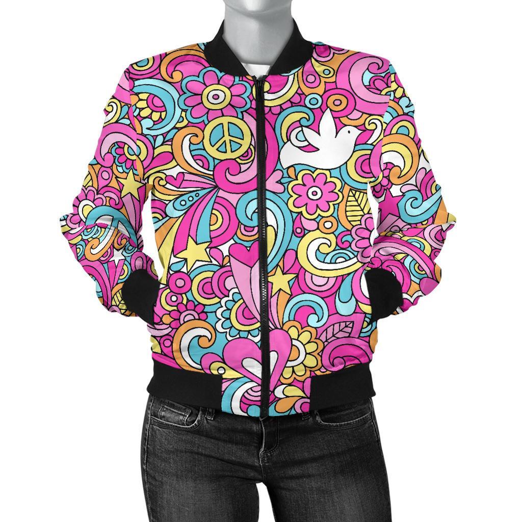 Psychedelic Pattern Print Women Casual Bomber Jacket-grizzshop